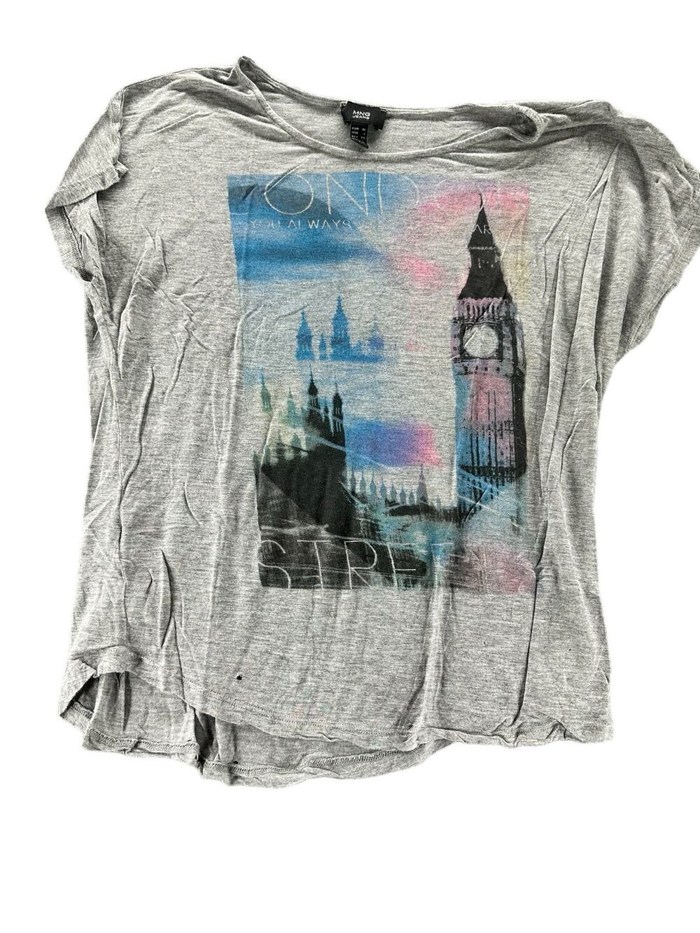 MNG Jeans Gray Graphic Big Ben Short Sleeve T-Shirt Women's Size US Large